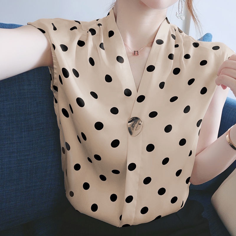 Thời Trang Áo Chiffon Sát Nách Dáng Rộng Họa Tiết Chấm Bi Cho Nữ