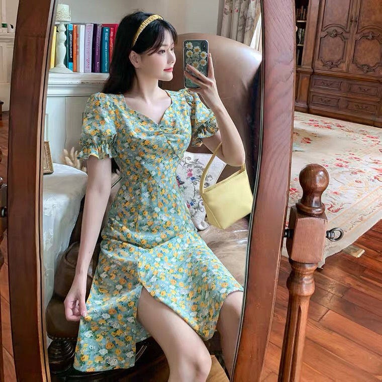 Đầm Xẻ Tà In Họa Tiết Hoa Cúc Phong Cách Pháp Thời Trang Cho Nữ