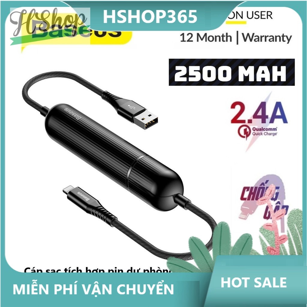 Cáp sạc tích hợp pin dự phòng Baseus 2in1 sạc dự phòng dung lượng 2500 mAh + USB/ cáp 2.4A đen