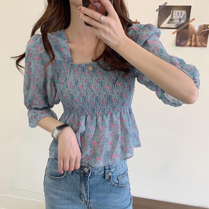 Áo Kiểu Chiffon Tay Ngắn Cổ Vuông Họa Tiết Hoa Phong Cách Cổ Điển Hàn Quốc