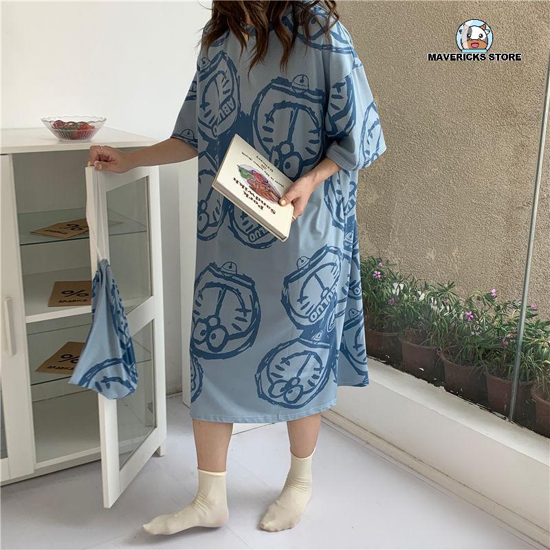 Đầm ngủ tay ngắn dáng rộng in hình mèo dễ thương thời trang mùa hè cho nữ
