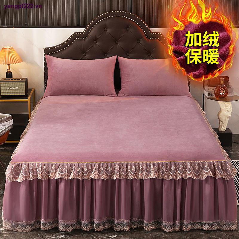 Bộ Ga Trải Giường Vải Nhung Dày Viền Ren Ấm Áp Chống Trượt Ốp