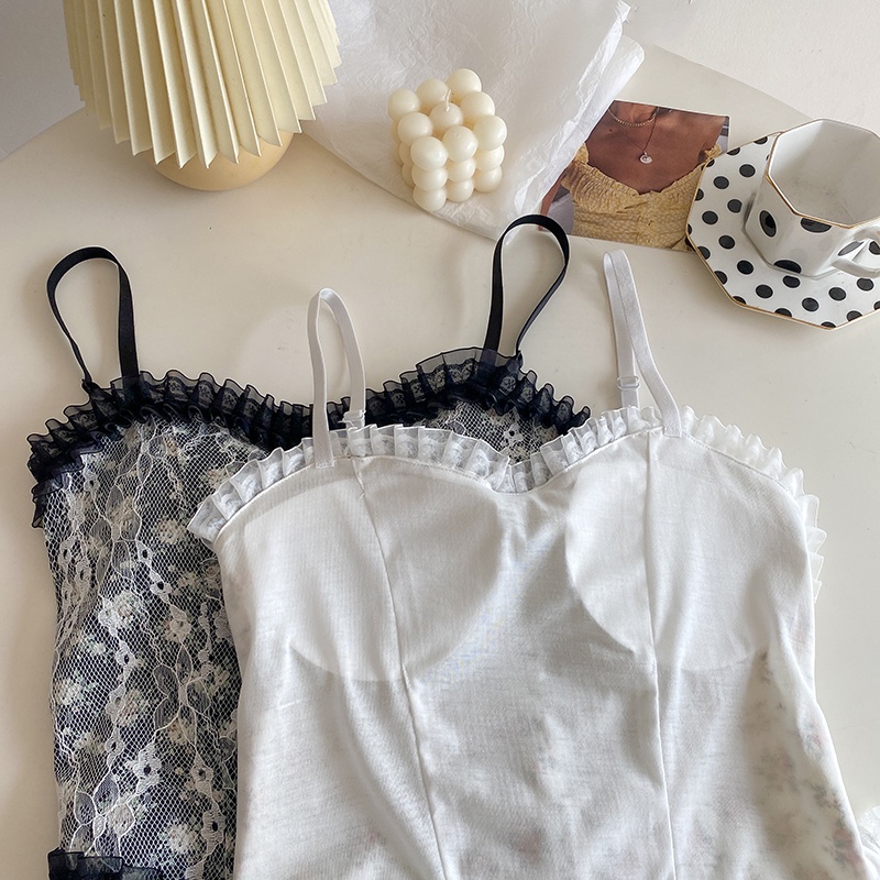 Áo hai dây phối ren họa tiết hoa nhí dáng ngắn ôm hở rốn