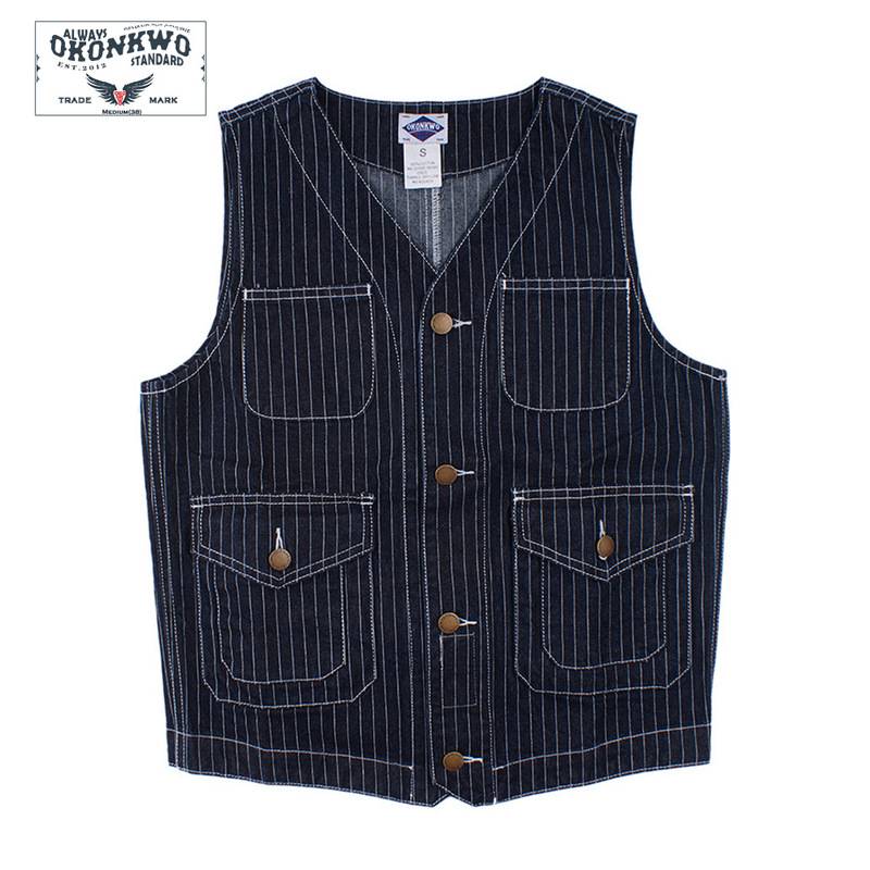 Okonkwo Áo Khoác denim Không Tay Nhiều Túi Kẻ Sọc Ami khaki Cổ Điển
