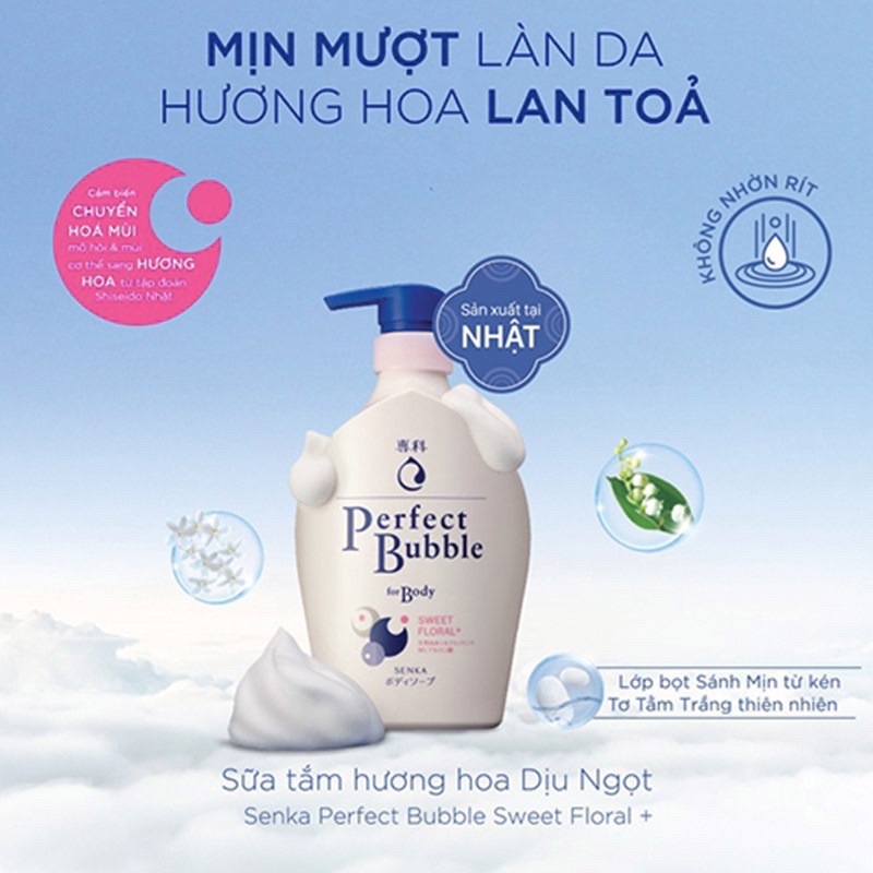 Senka Sữa tắm dưỡng ẩm hương hoa hồng và đinh hương Perfect Bubble For Body Sweet Floral 500ml