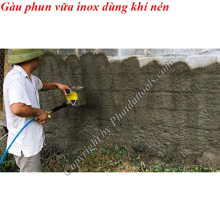 Gàu phun vữa trát tường cầm tay-Gầu phun vữa inox dùng khí nén