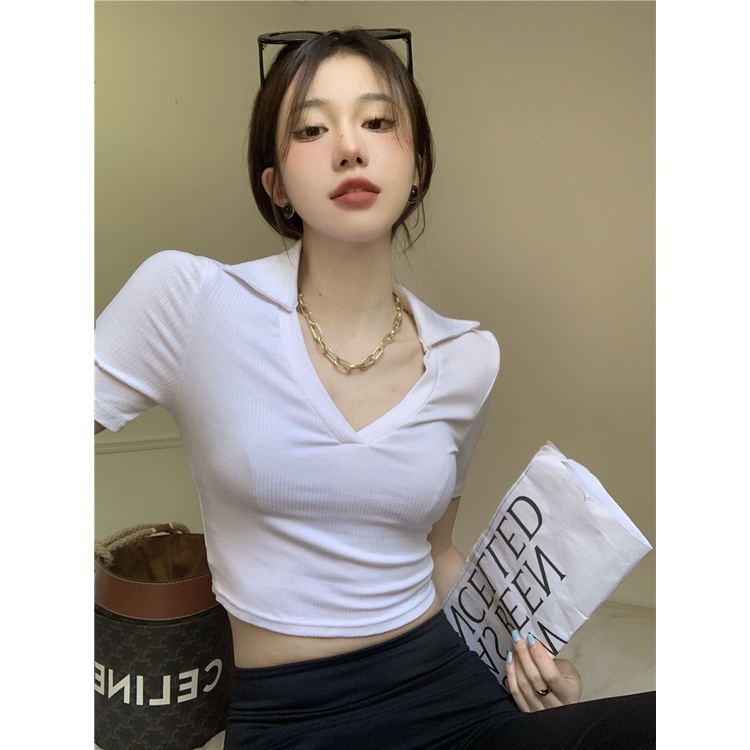 QKOOLE Áo polo  tay ngắn dáng ôm phong cách Hàn Quốc cổ điển thời trang cho nữ