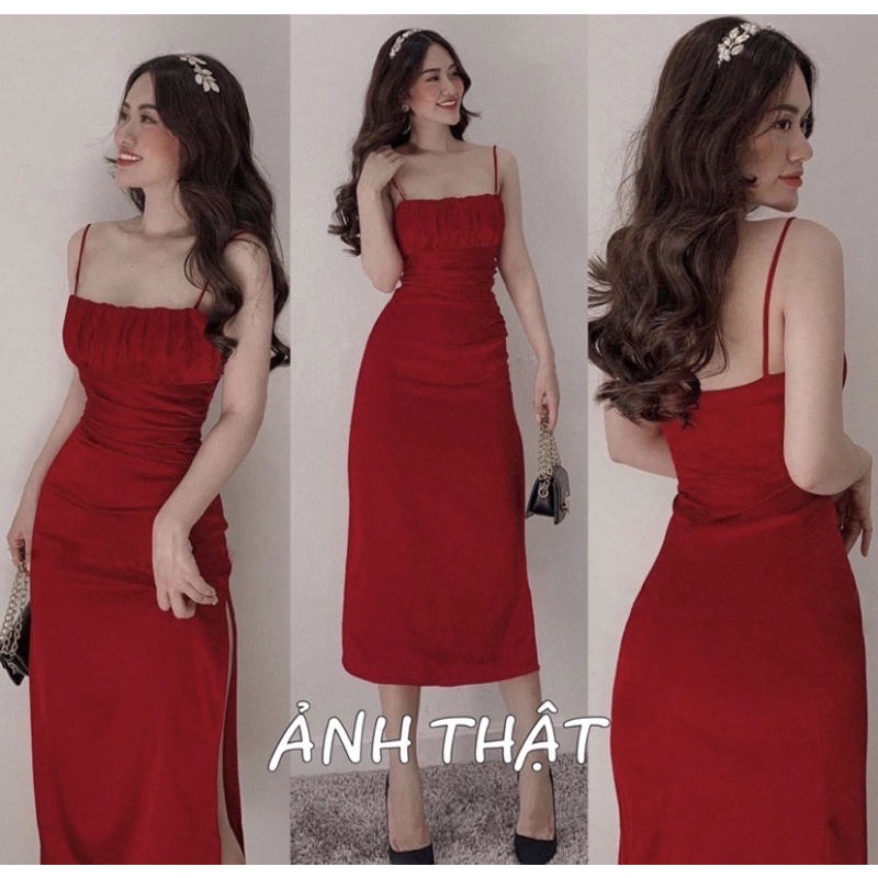 Đầm body hai dây lụa xẻ vạt chéo dự tiệc sang trọng