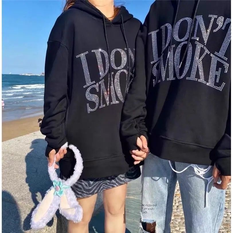 COZOK Áo Hoodie tay dài form rộng họa tiết kim cương phong cách hiphop