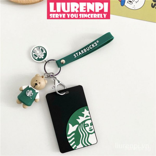 Bao đựng thẻ học sinh/xe bus in hình Starbucks gắn móc khóa kim loại tiện dụng card holder