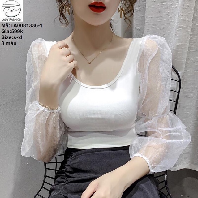 Áo thun gân tay voan kính