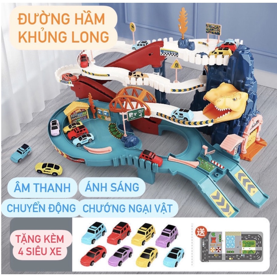 Đường hầm khủng long lắp ráp kèm nhiều ô tô chạy tự động, đồ chơi đường đua sáng tạo có nhạc đèn vui nhộn trẻ em