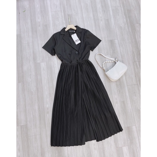 VN592 - VÁY ĐEN DÁNG DÀI CỔ VEST CHÂN DẬP LI