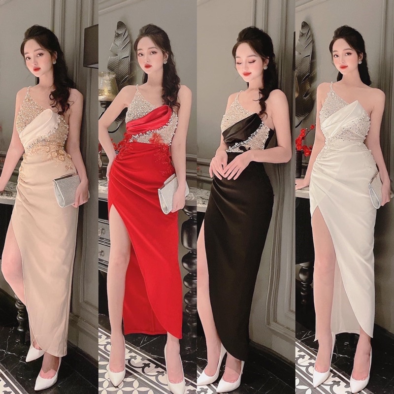 Đầm body 2 dây dự tiệc kết kim sa phối hoa ren nổi chất phi thun lụa TRIPBLE T DRESS - size M/L - MS359V