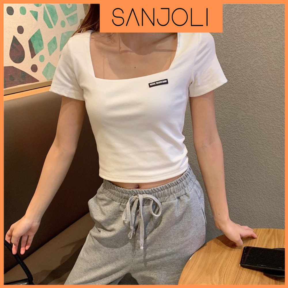 Áo Croptop Cổ Vuông SANJOLI Nữ Kiểu Ôm Body Tay Ngắn, Vải Thun Thể Thao Đẹp, Kiểu Ulzzang Hàn Quốc Đẹp Trắng Đen AO020