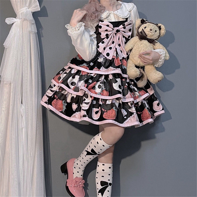 Đầm lolita Hai Dây Đính Nơ Họa Tiết Quả Dâu Thắt Nơ Dễ Thương
