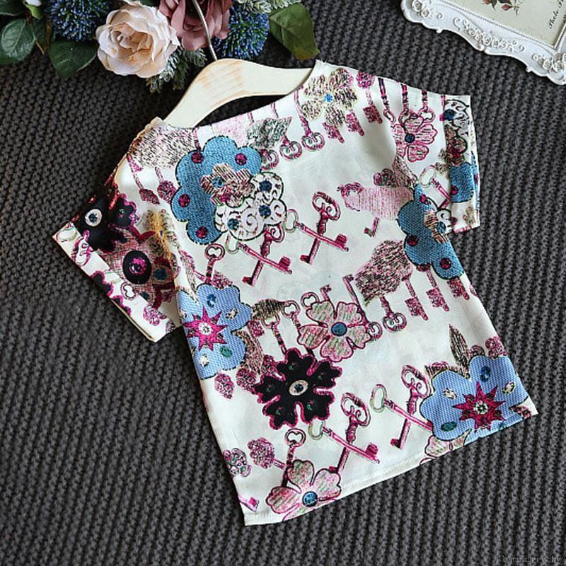 Set áo thun tay ngắn in họa tiết và quần dài màu trơn đáng yêu cho bé gái