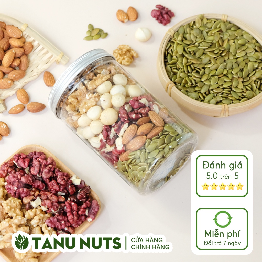 Hạt mix dinh dưỡng TANU NUTS, ngũ cốc granola mix 5 hạt dinh dưỡng tốt cho bà bầu,bé hũ 500g.