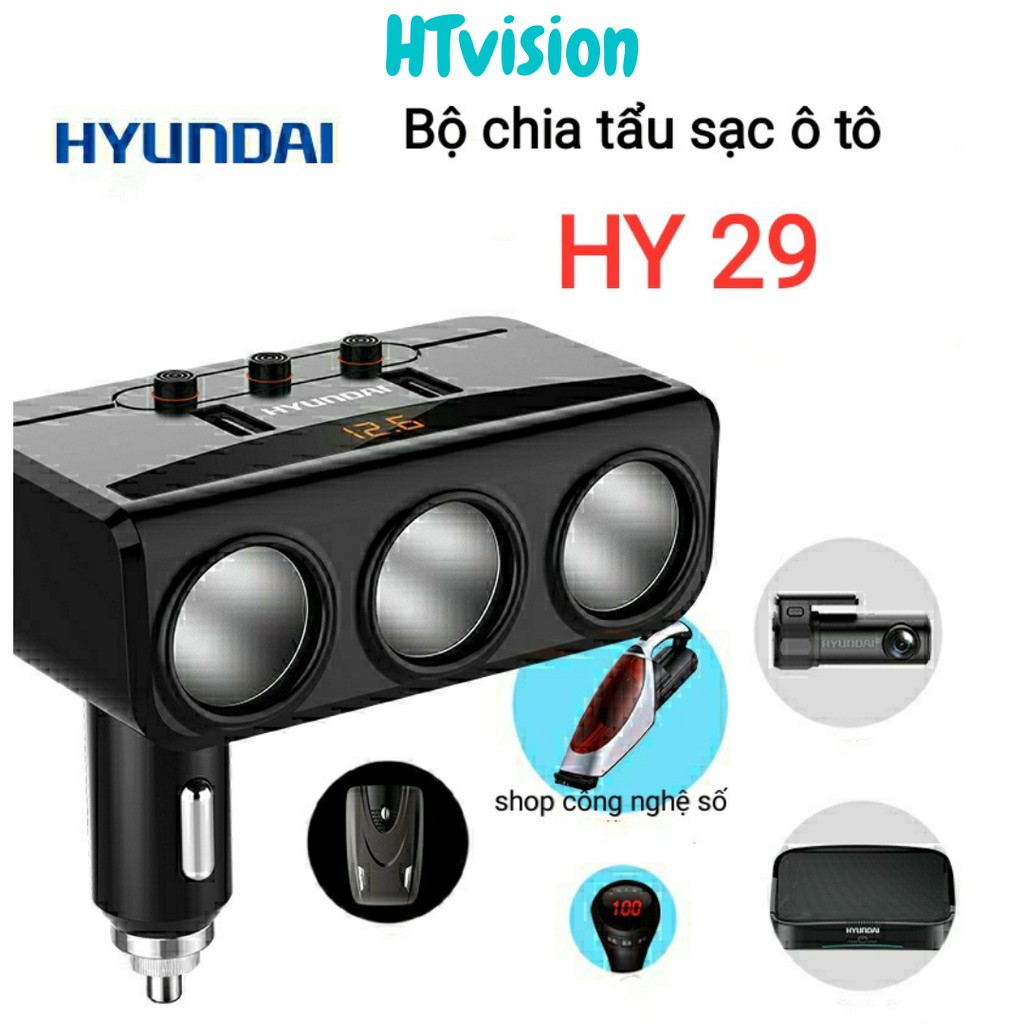 Bộ chia tẩu sạc ô tô 3 cổng đa năng Hyundai HY-29 kèm 2 cổng USB HY29