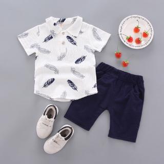 Set Áo Sơ Mi Ngắn Tay Cổ Bẻ + Quần Short Lưng Thun Thời Trang Hàn Cho Bé Trai 0-5 Tuổi