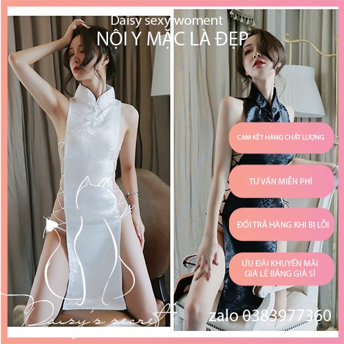 Váy Sườn Xám Cách Tân Cô Gái Trung Hoa Đan Dây Dọc Eo Gợi Cảm Vải Lụa Gấm Cao Cấp