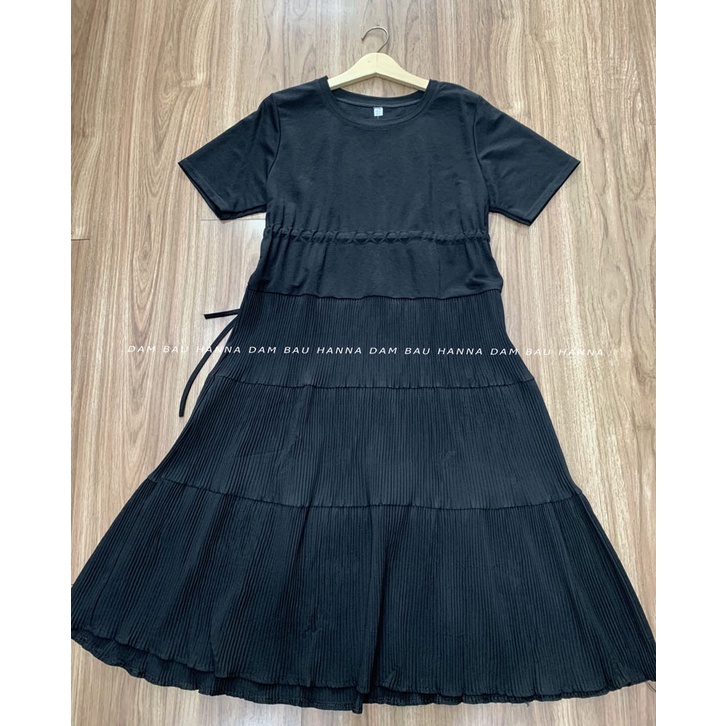 [HANNA] Đầm bầu thun cotton dập ly mặc bầu và sau sinh size 75kg co dãn thoải mái thoáng mát dáng dài dễ thương