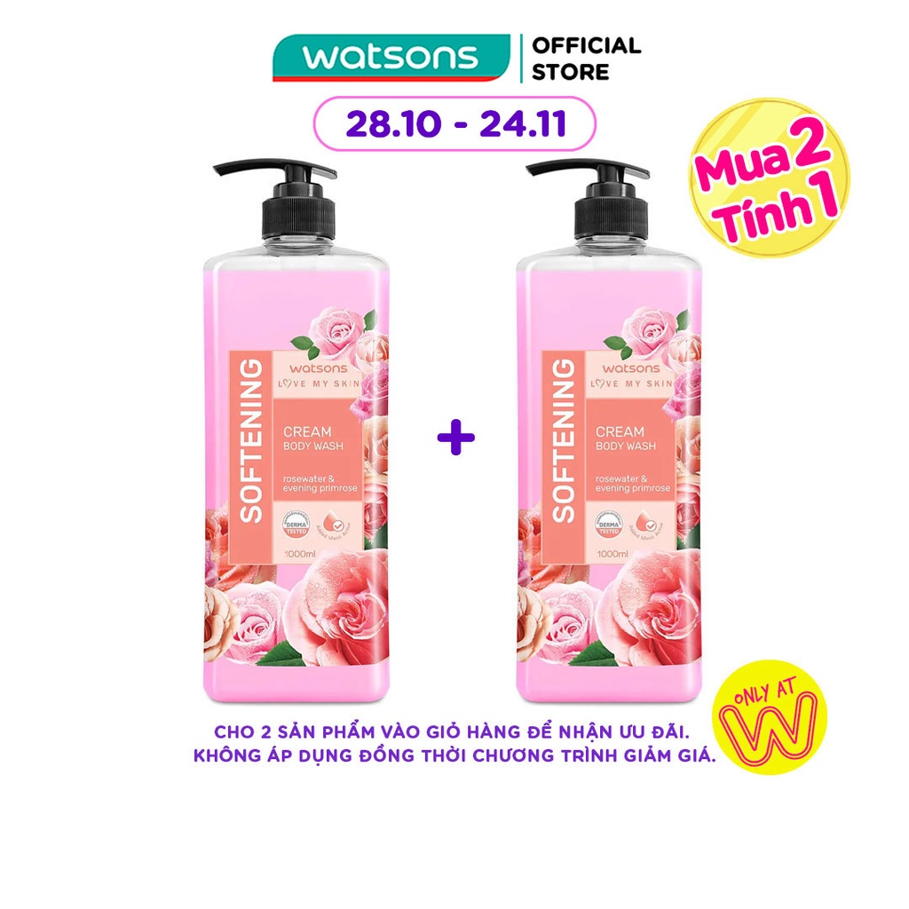 Kem Tắm Watsons Love My Skin Softening Rose Water&Evening Primrose Cream Body Wash Cân Bằng Da 1000ml