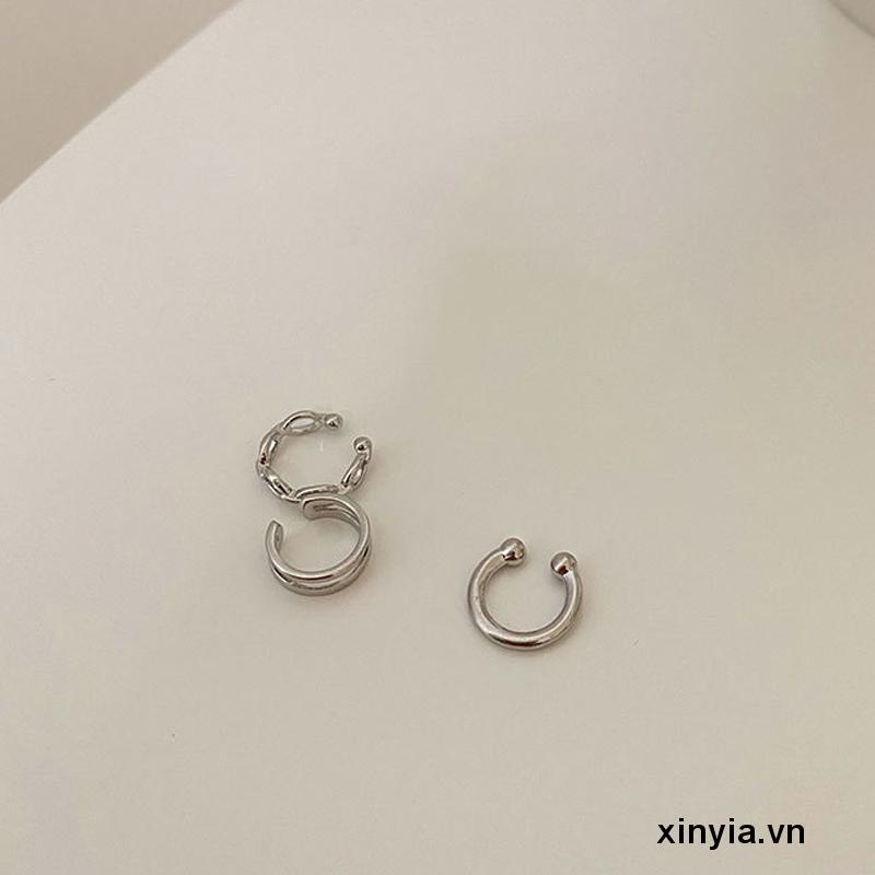 Set 3 khuyên kẹp vành tai màu bạc đơn giản phong cách hip hop Hàn Quốc