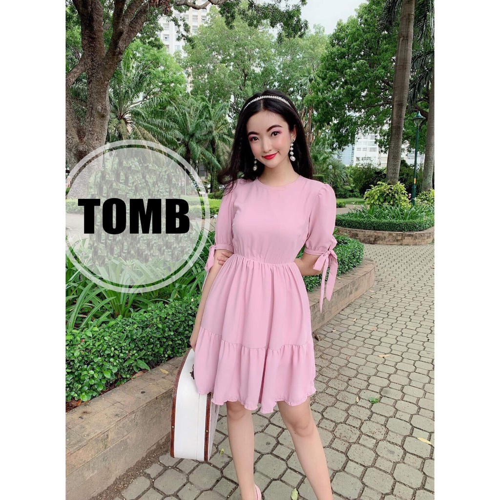 Đầm nữ dự tiệc cổ tròn phối nơ tay AMEE (Cam, Hồng)