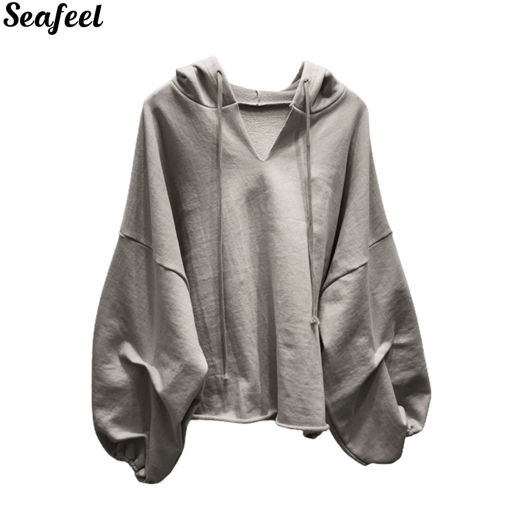 Áo hoodie cánh dơi mềm mại cổ chữ V thời trang đường phố cho nữ
