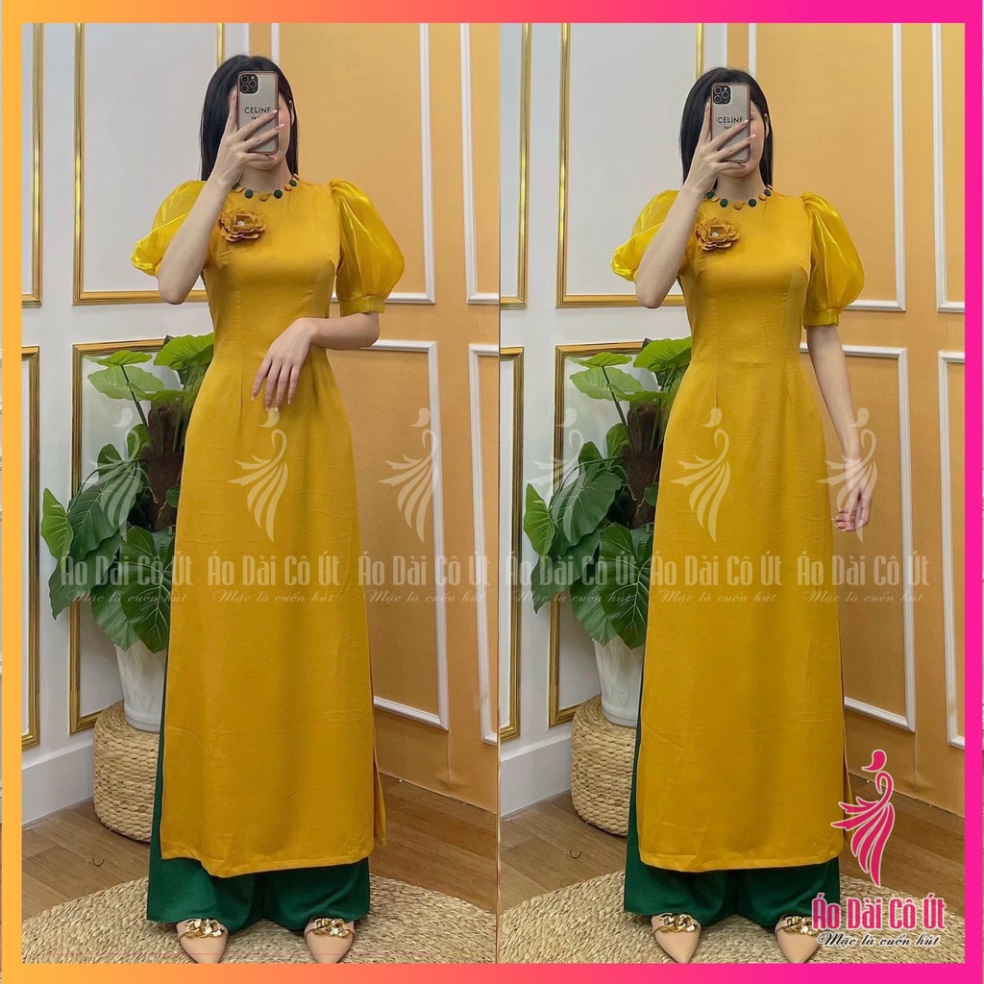 Áo dài truyền thống lụa tây thi tay bồng phối tơ cổ tròn đính cúc kết hoa ngực cách điệu - Hàng mới về