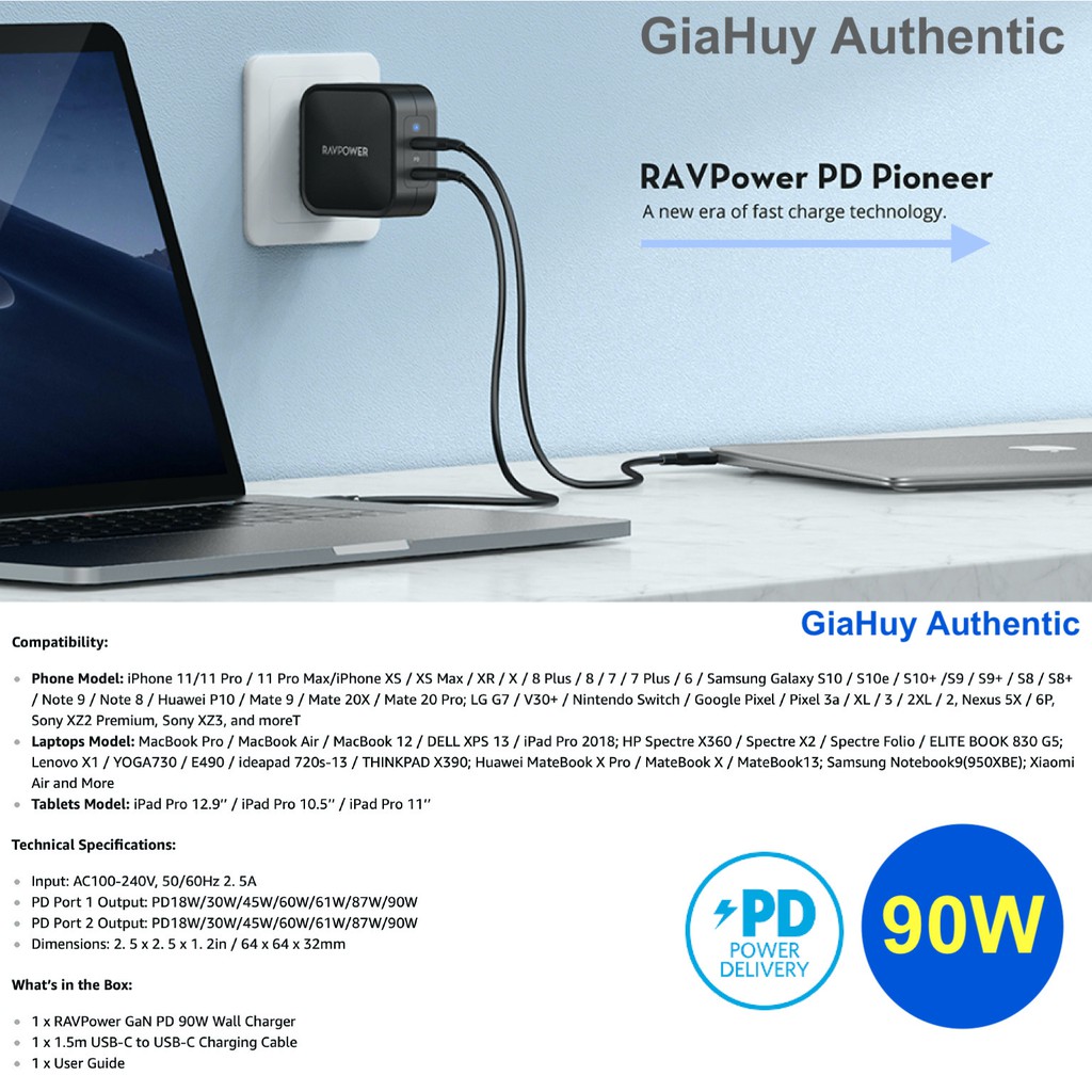 Củ sạc nhanh Macbook Pro, iPad Pro, iPhone 12 Series, S10, Note 10 RAVPOWER RP-PC128 Pioneer PD 3.0 90W GaN Dual USB-C