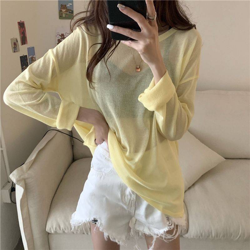 Mesh sunshine shirt top summer new Korean loose lace long sleeve T-shirt female shirt