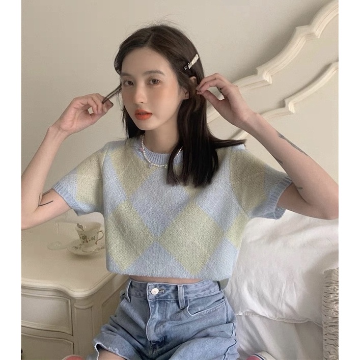 [HÀNG ORDER] Áo gile croptop hoạ tiết quả trám xanh pastel freesize