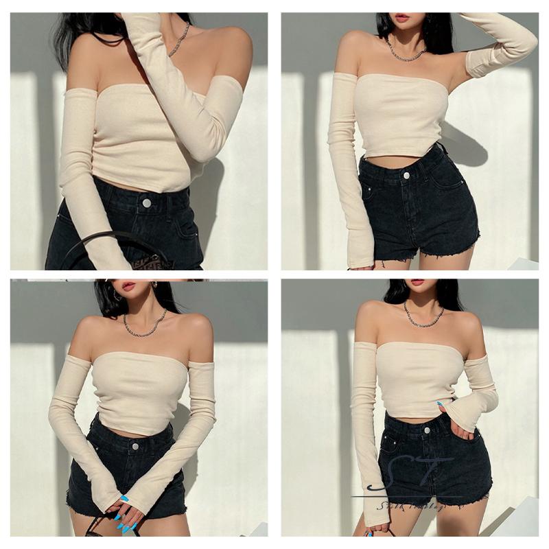 Áo croptop chui đầu tay dài cổ thuyền màu trơn màu trắng/xanh lá/tím thời trang mùa hè