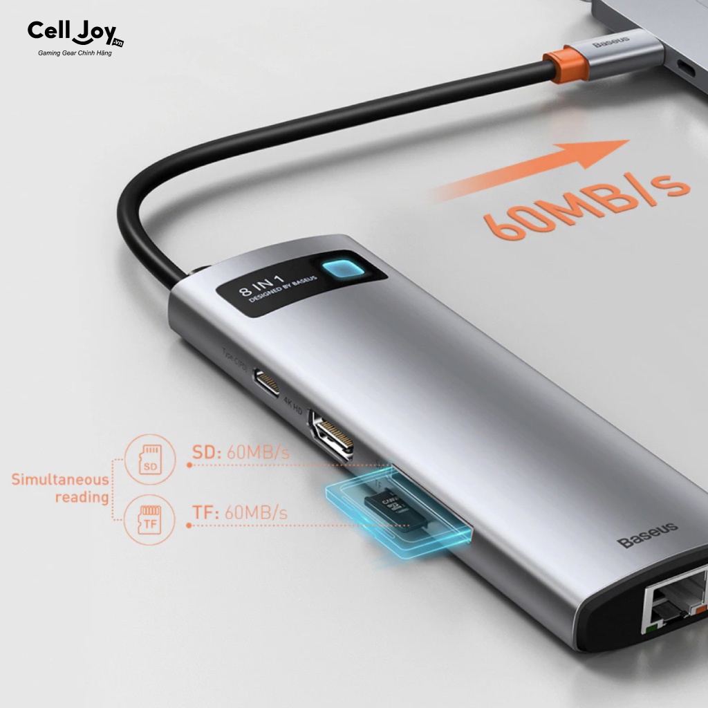 Hub chuyển đổi Type-C cho Macbook Air/Pro/iPad/Surface, điện thoại USB-C Baseus 8 in 1 to HDMI/ USB 3.0/ LAN/ SD/TF