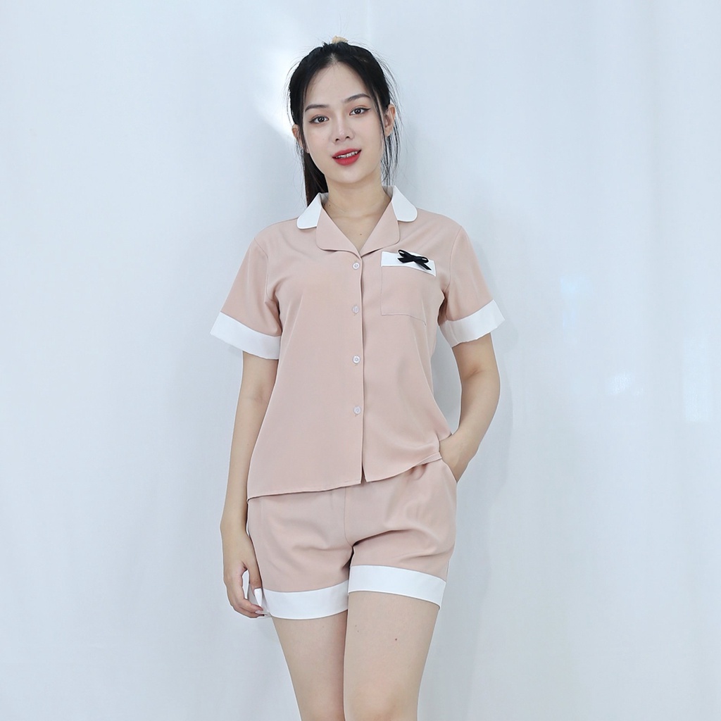 Bộ đồ bộ Pijama NGẮN CÀ PHÊ SỮA PHA CỔ TRẮNG ĐIỂM NHẤN NƠ TÚI CỰC XINH vải  lụa cao cấp -  Thoải Mái Nhẹ Nhàng