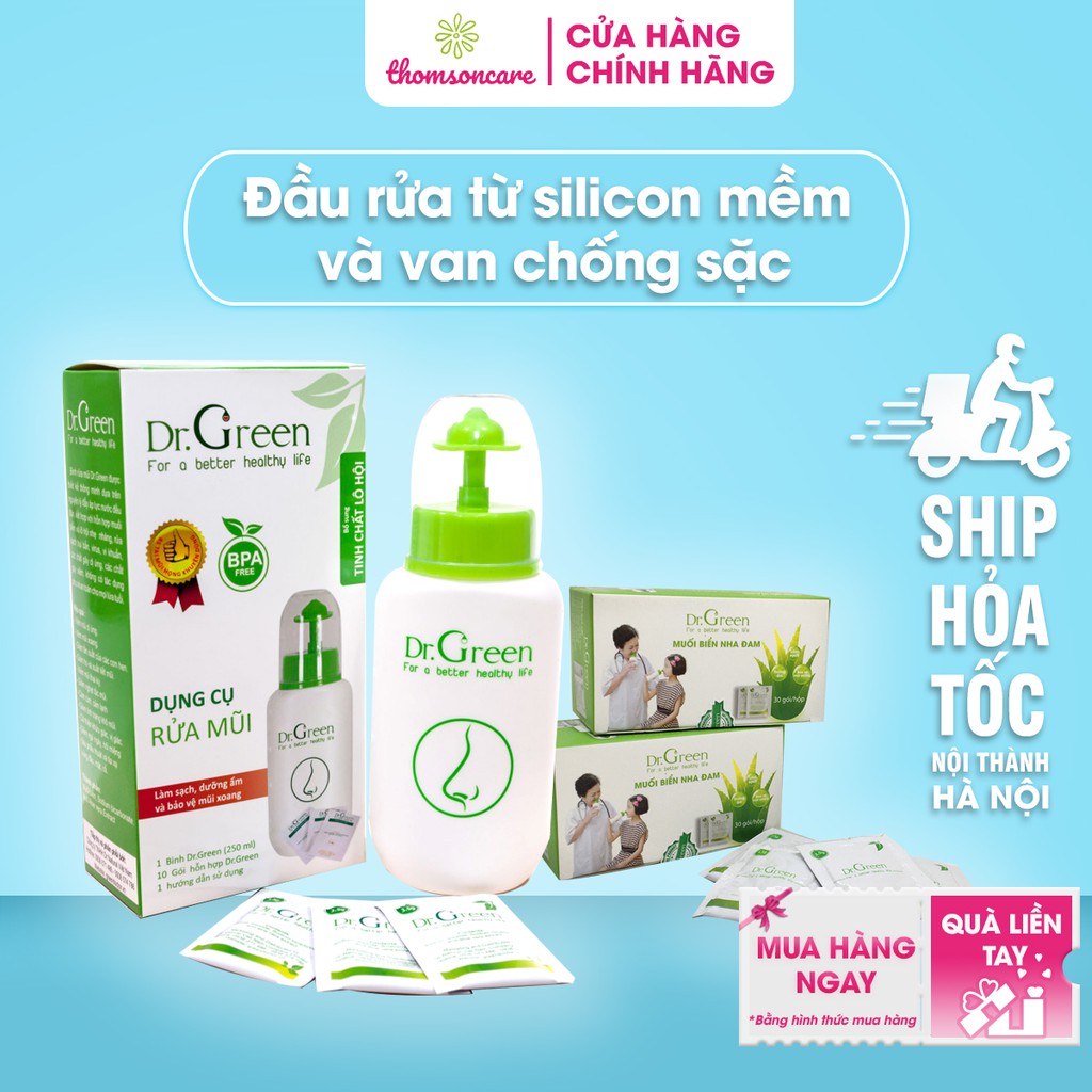 Bình rửa mũi Dr Green tặng kèm 10 gói muối dưỡng ẩm - làm sạch - bảo vệ mũi xoang