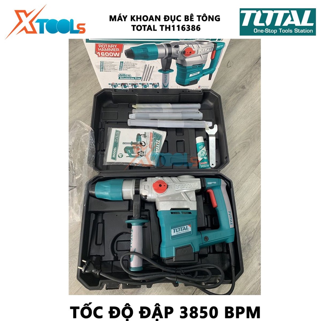 Máy khoan đục bê tông TOTAL TH116386 | máy khoan búa xoay công suất 1600W tốc độ không tải 550rpm tốc độ đập 3850 bpm vặ