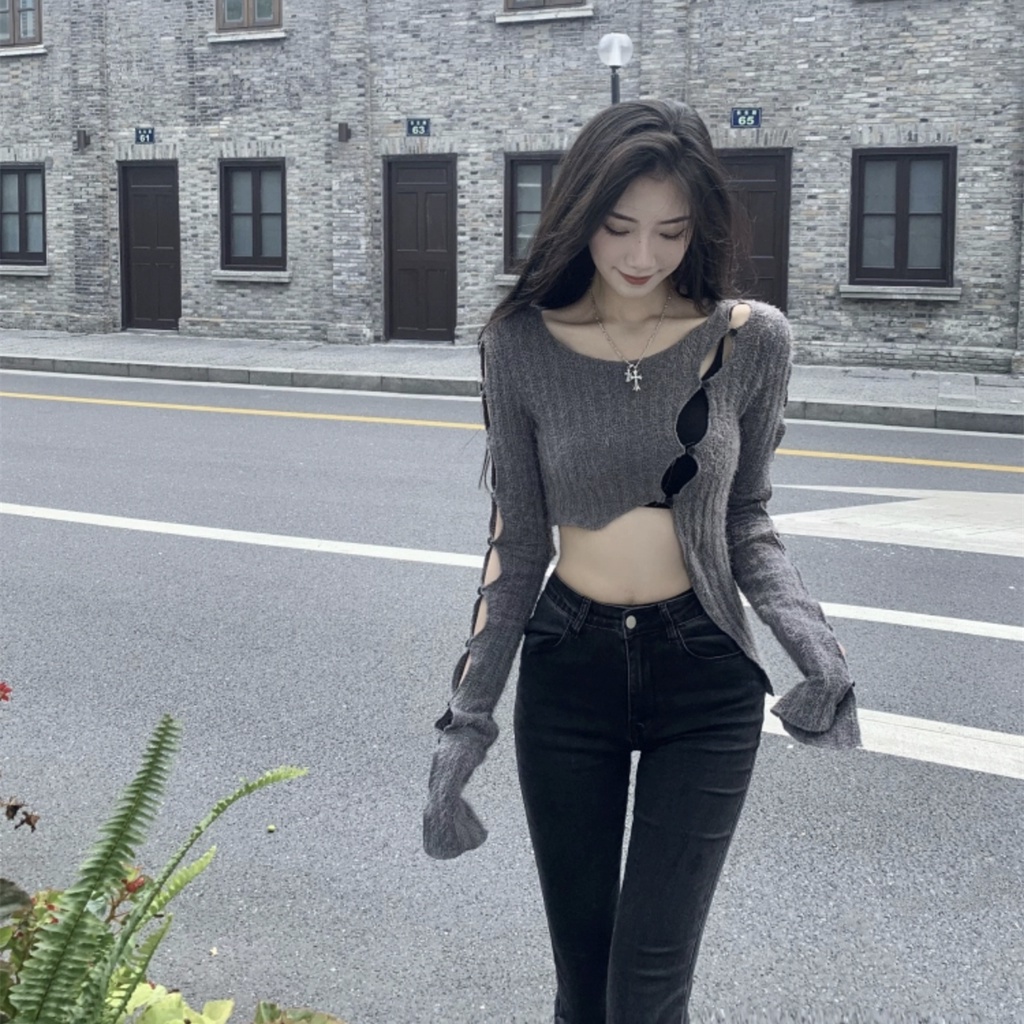 Áo Sweater Dệt Kim Dáng Ngắn Thời Trang Mùa Thu Quyến Rũ Cho Nữ