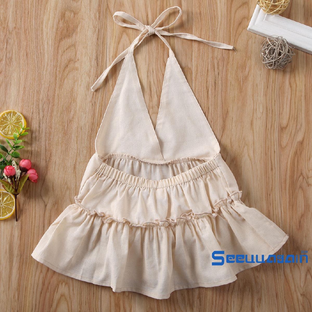 ❥☀✿SEEBaby Girl Clothes Ruffles Solid Color Sleeveless Deep V Neck Romper Dress