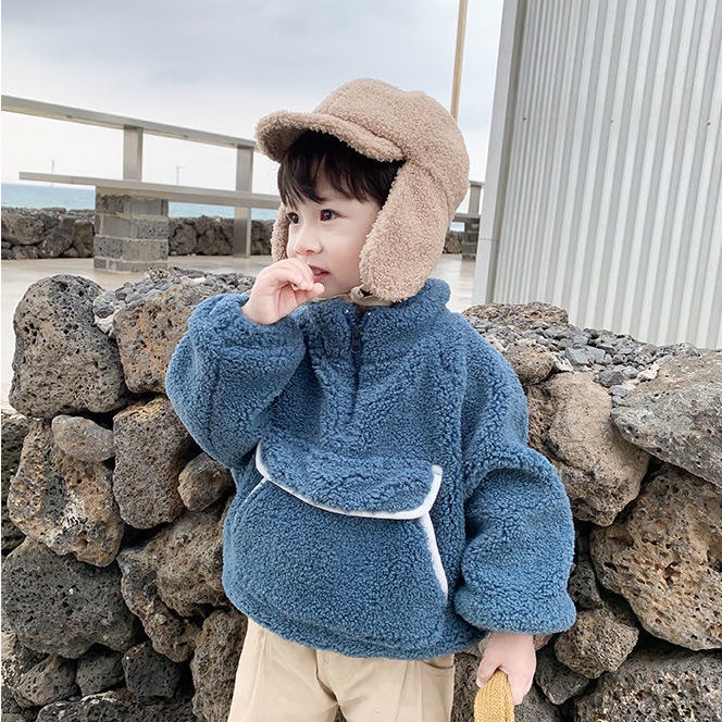Hàng mới về Áo khoác chui đầu có mũ vải lông cừu thời trang mùa đông mới cho bé trai và bé gái 2021