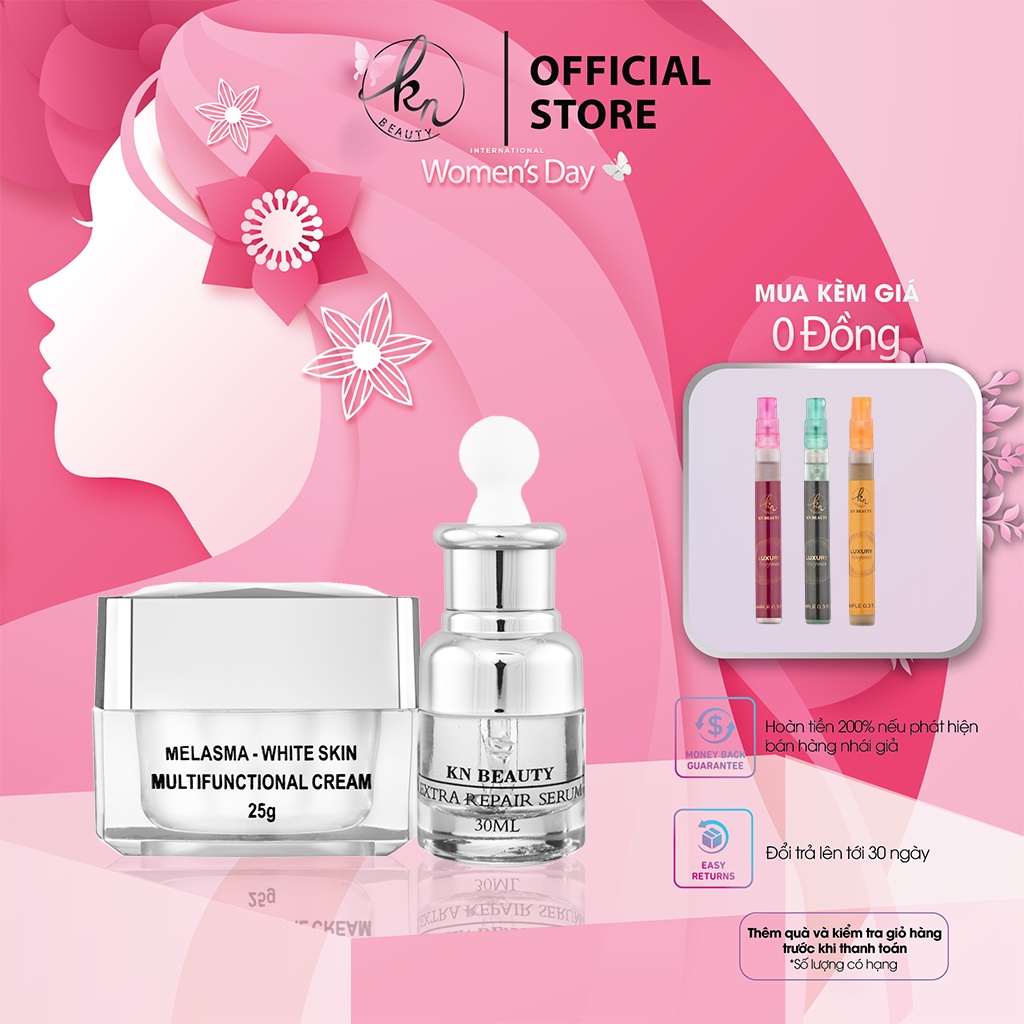 Bộ 2 sản phẩm Trắng Da Ngừa Nám KN Beauty chuyên sâu: Kem dưỡng 25g + Serum 30ml tặng nước hoa mini