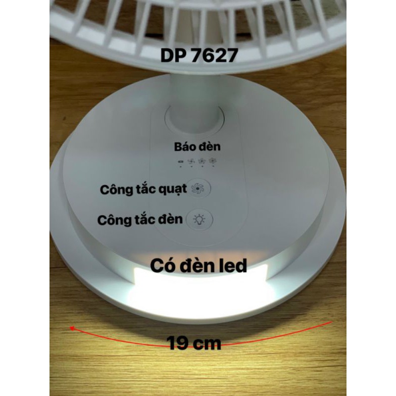 Quạt sạc DP-7627 loại lớn tích hợp đèn led