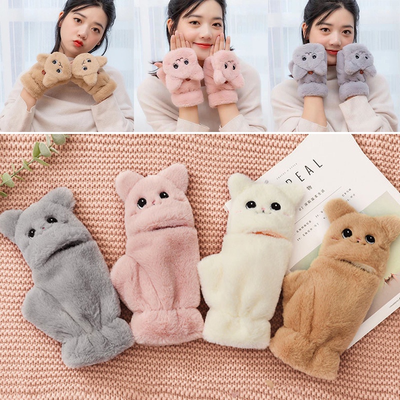Găng tay lông mềm hở ngón giữ ấm họa tiết hoạt hình dễ thương
