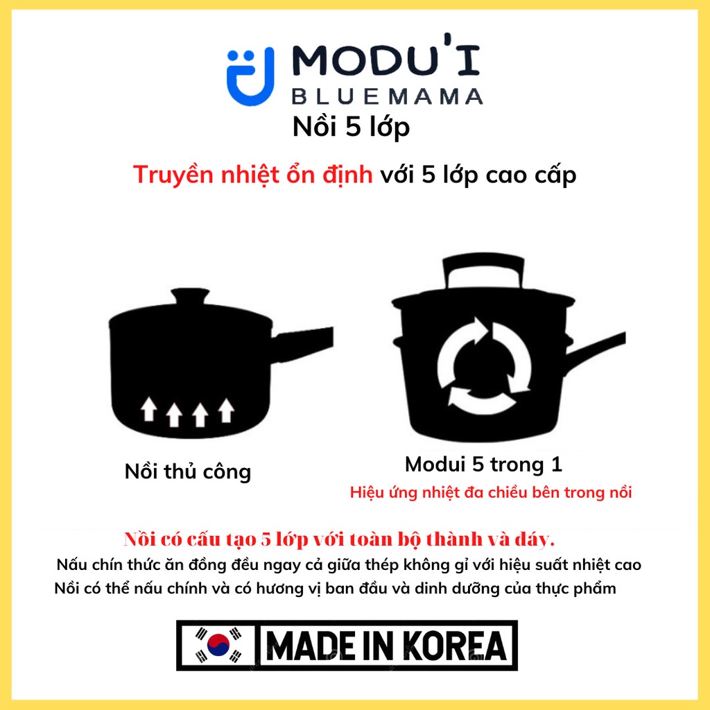 Nồi Quánh nấu bột Inox inox 5 đáy 3 IN 1, Chống Dính Cao Cấp Nhập Chính Hãng Bluemama Hàn Quốc