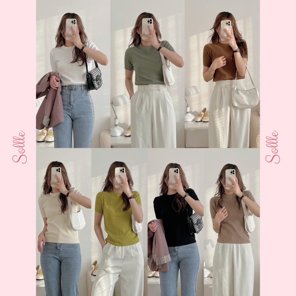 Áo len mongtoghi trơn cổ tròn ngắn tay gân dọc hè thu basic nhiều màu Hàn Quốc Sollle