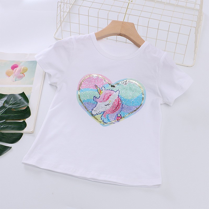 Áo Thun Cotton Tay Ngắn Đính Kim Sa Hình Kỳ Lân Thay Đổi Màu Sắc Cho Bé Gái