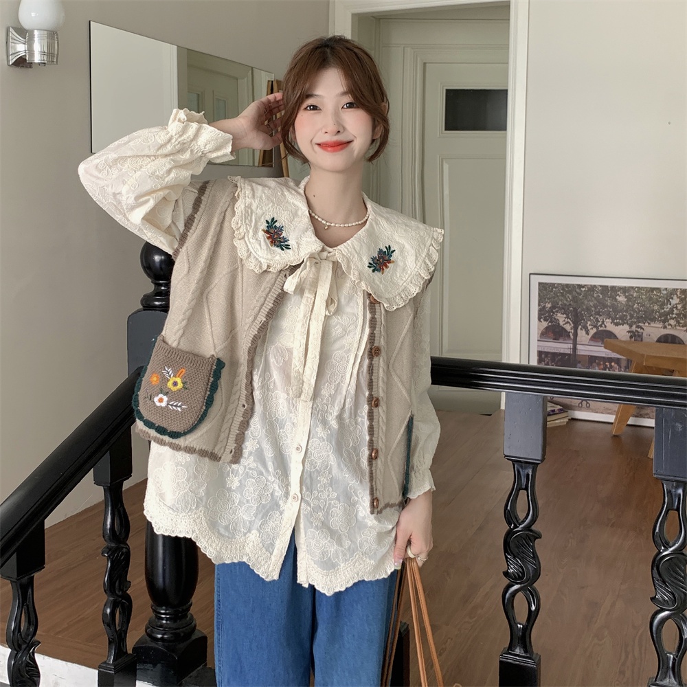 Áo Vest / Áo Sơ Mi Dài Tay Cổ Búp Bê Thêu Họa Tiết 56914