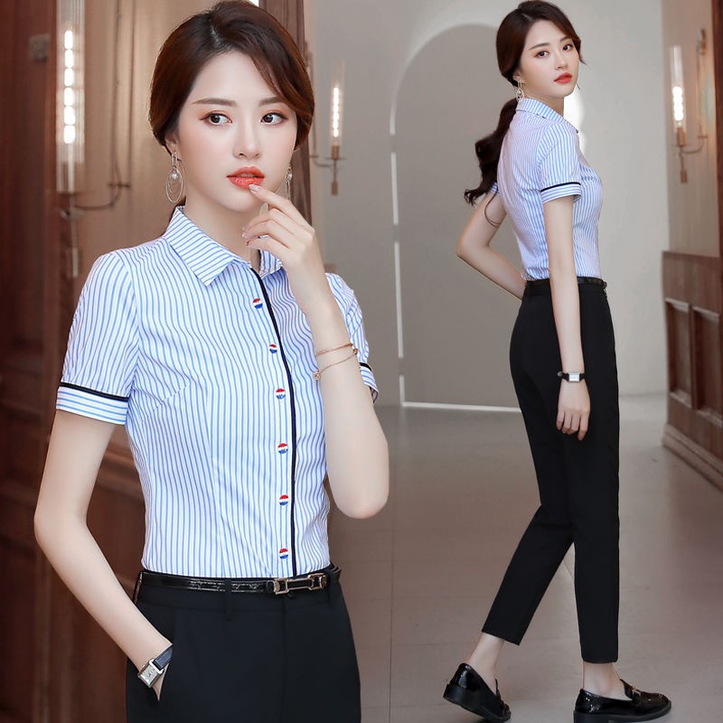 áo sơ mi nữ chuyên nghiệp tay ngắn 2019 mới công sở thời trang mùa hè quần cổ trắng sọc xanh